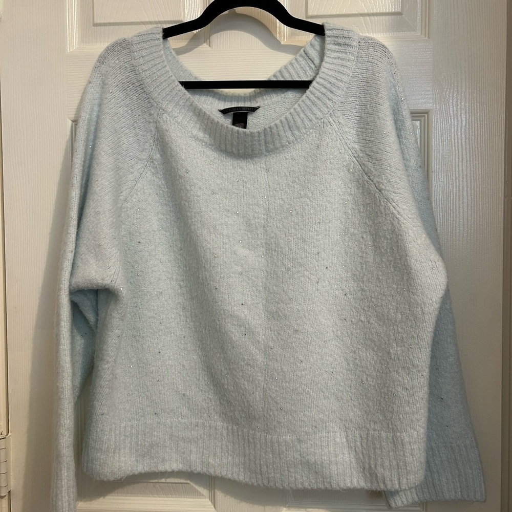 Victoria's Secret Light Blue Aqua off shoulder sparkle bling XL soft Sweater